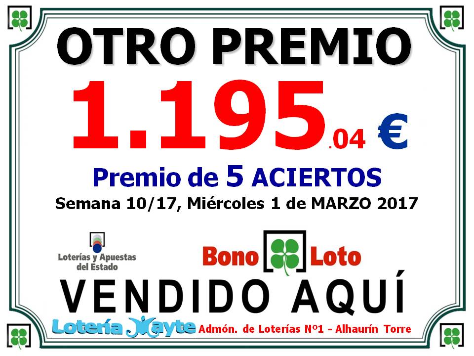 Premio de 5 aciertos en bonoloto Premio de bonoloto de 3ª categoria