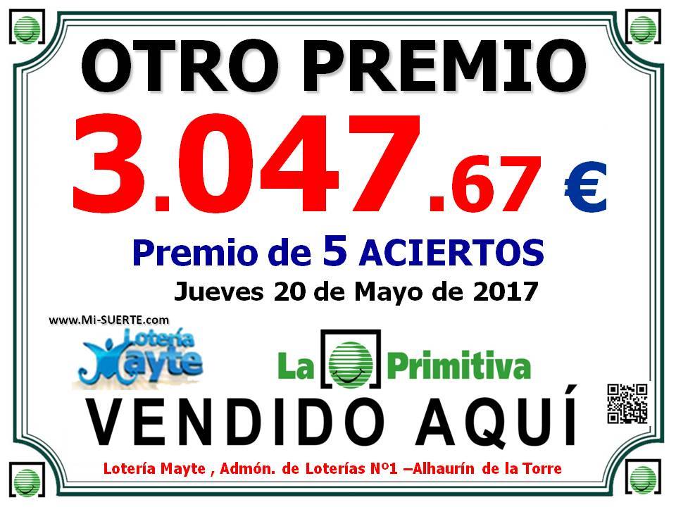 Premio de 5 aciertos en Lotería Primitiva Premio de primitiva de 3ª categoria