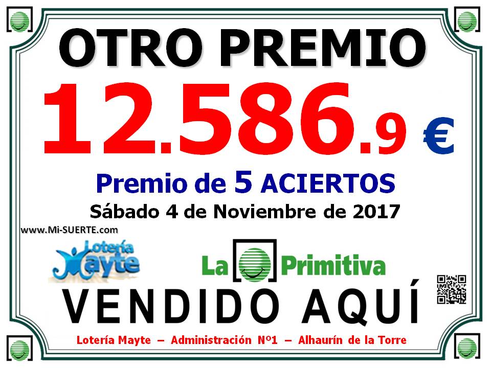 Premio de 5 aciertos en Lotería Primitiva 4 Noviembre Premio de primitiva de 3ª categoria