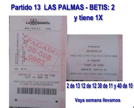 13 aciertos Boleto de la quiniela semana 40 con 13 aciertos