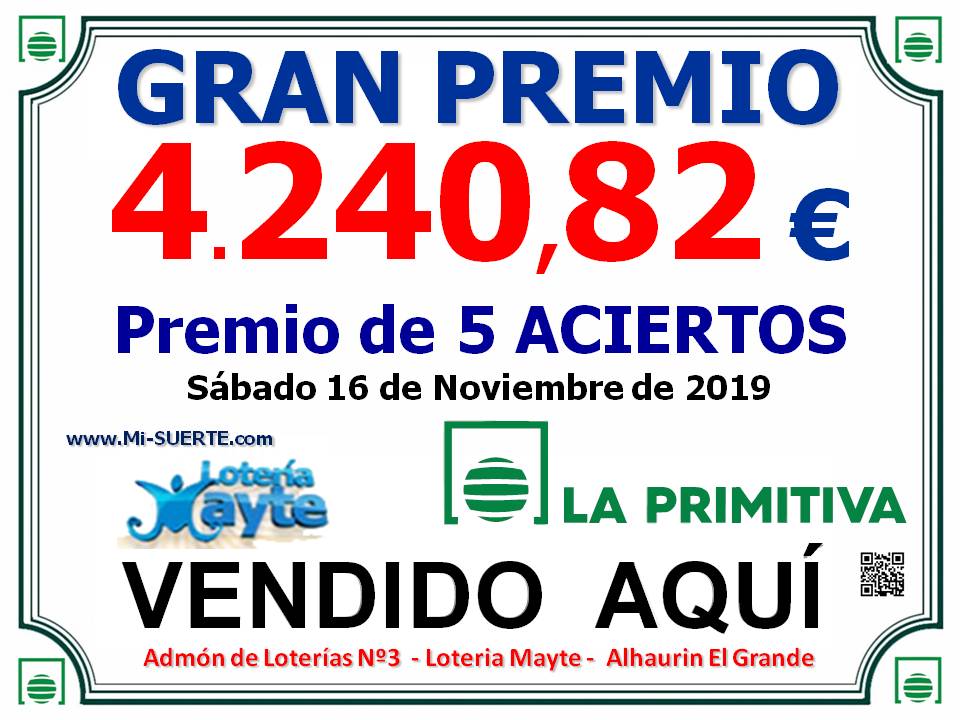 Premio de primitiva 16 noviembre 2019