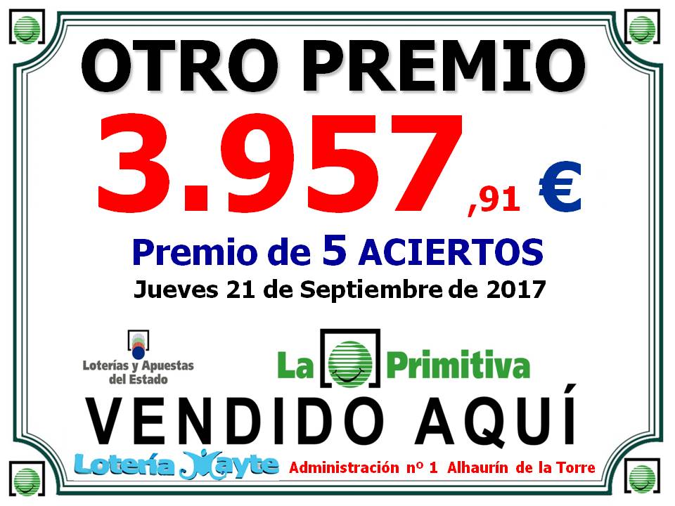 Premio de 5 aciertos en Lotería Primitiva Premio de primitiva de 3ª categoria
